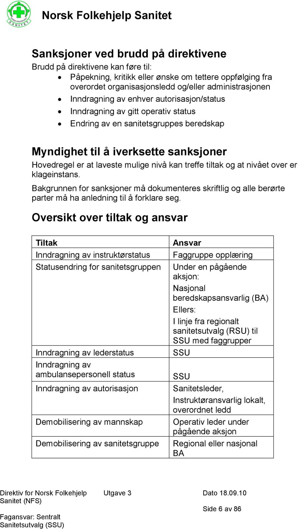 at nivået over er klageinstans. Bakgrunnen for sanksjoner må dokumenteres skriftlig og alle berørte parter må ha anledning til å forklare seg.