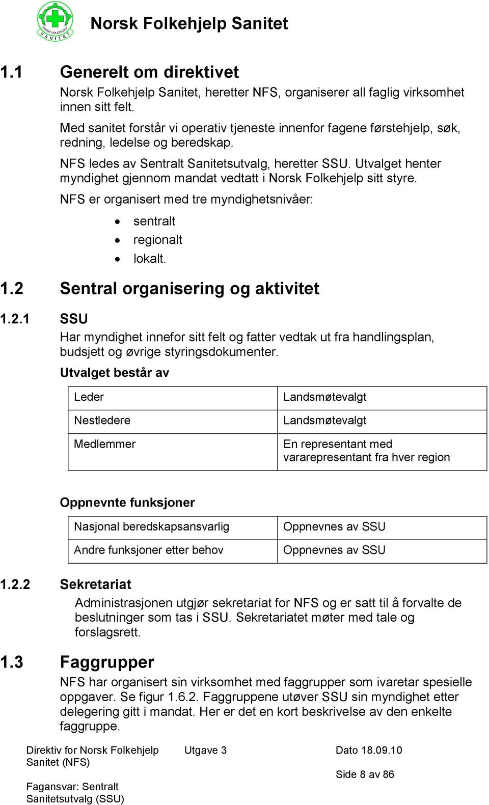 Utvalget henter myndighet gjennom mandat vedtatt i Norsk Folkehjelp sitt styre. NFS er organisert med tre myndighetsnivåer: sentralt regionalt lokalt. 1.2 