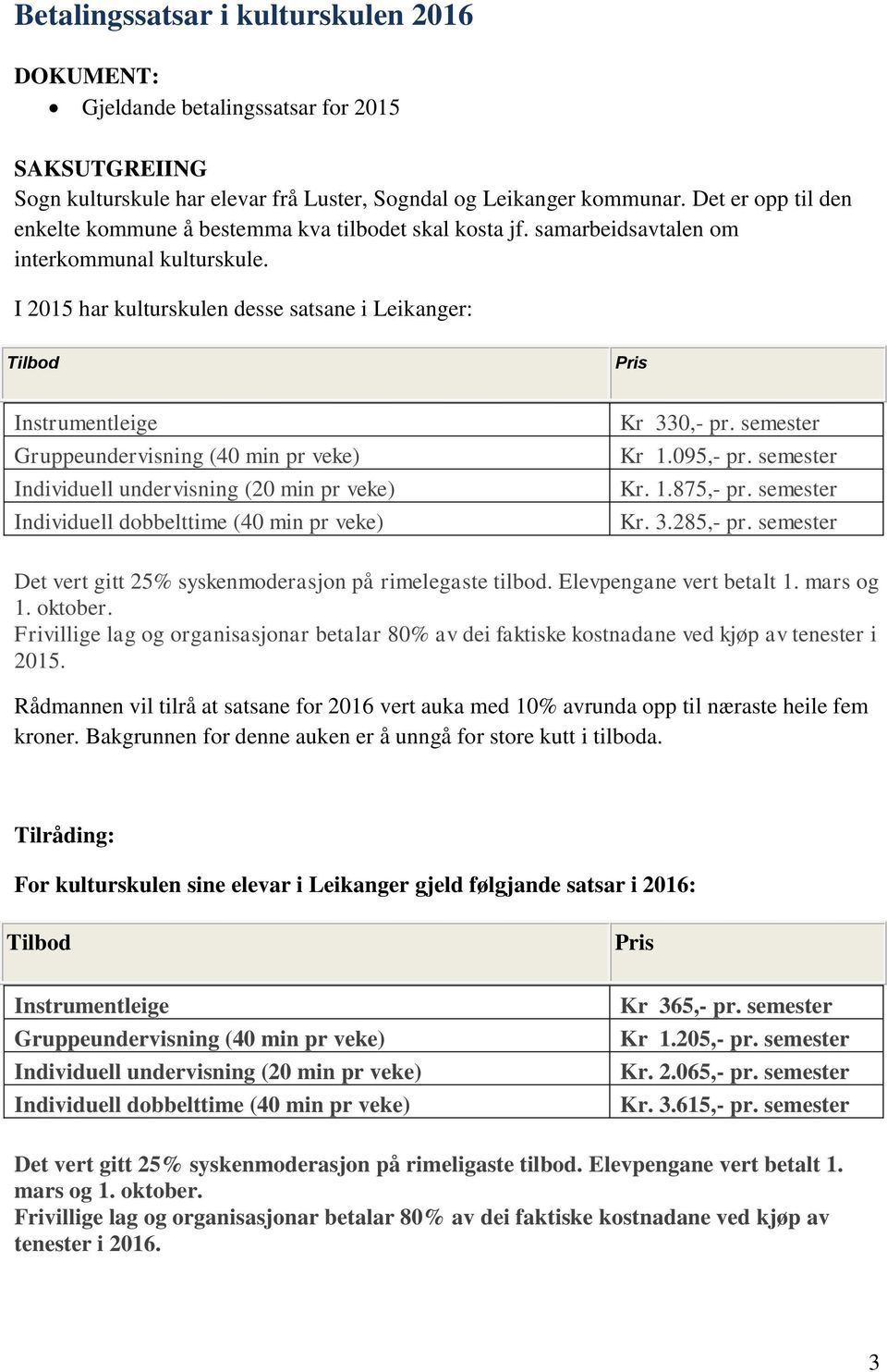 I 2015 har kulturskulen desse satsane i Leikanger: Tilbod Pris Instrumentleige Gruppeundervisning (40 min pr veke) Individuell undervisning (20 min pr veke) Individuell dobbelttime (40 min pr veke)