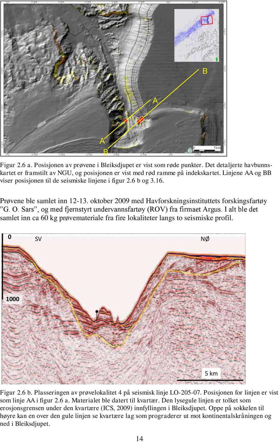Sars, og med fjernstyrt undervannsfartøy (ROV) fra firmaet Argus. I alt ble det samlet inn ca 60 kg prøvemateriale fra fire lokaliteter langs to seismiske profil. 0 SV NØ 1000 5 km Figur 2.6 b.