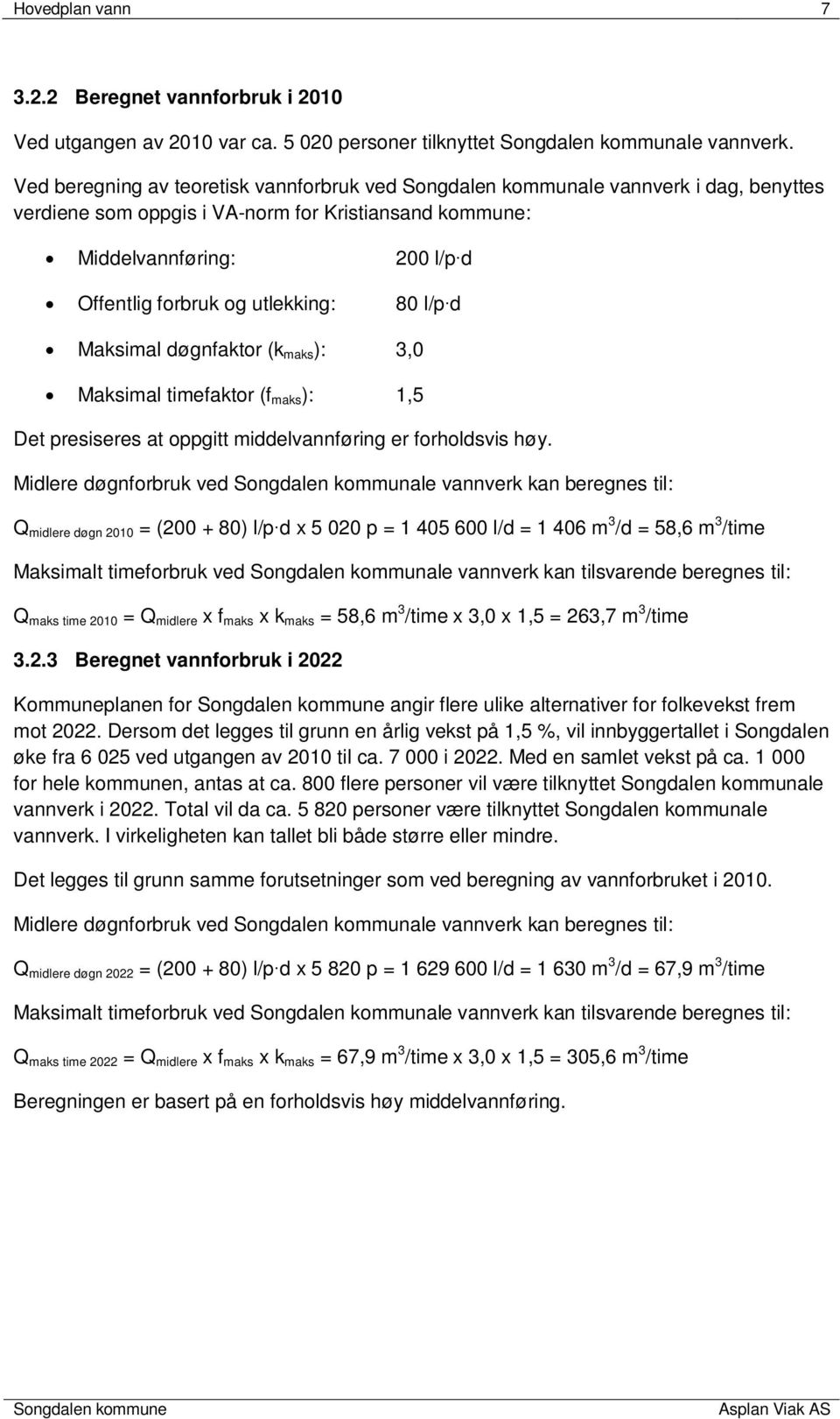 utlekking: 80 l/pd Maksimal døgnfaktor (k maks ): 3,0 Maksimal timefaktor (f maks ): 1,5 Det presiseres at oppgitt middelvannføring er forholdsvis høy.