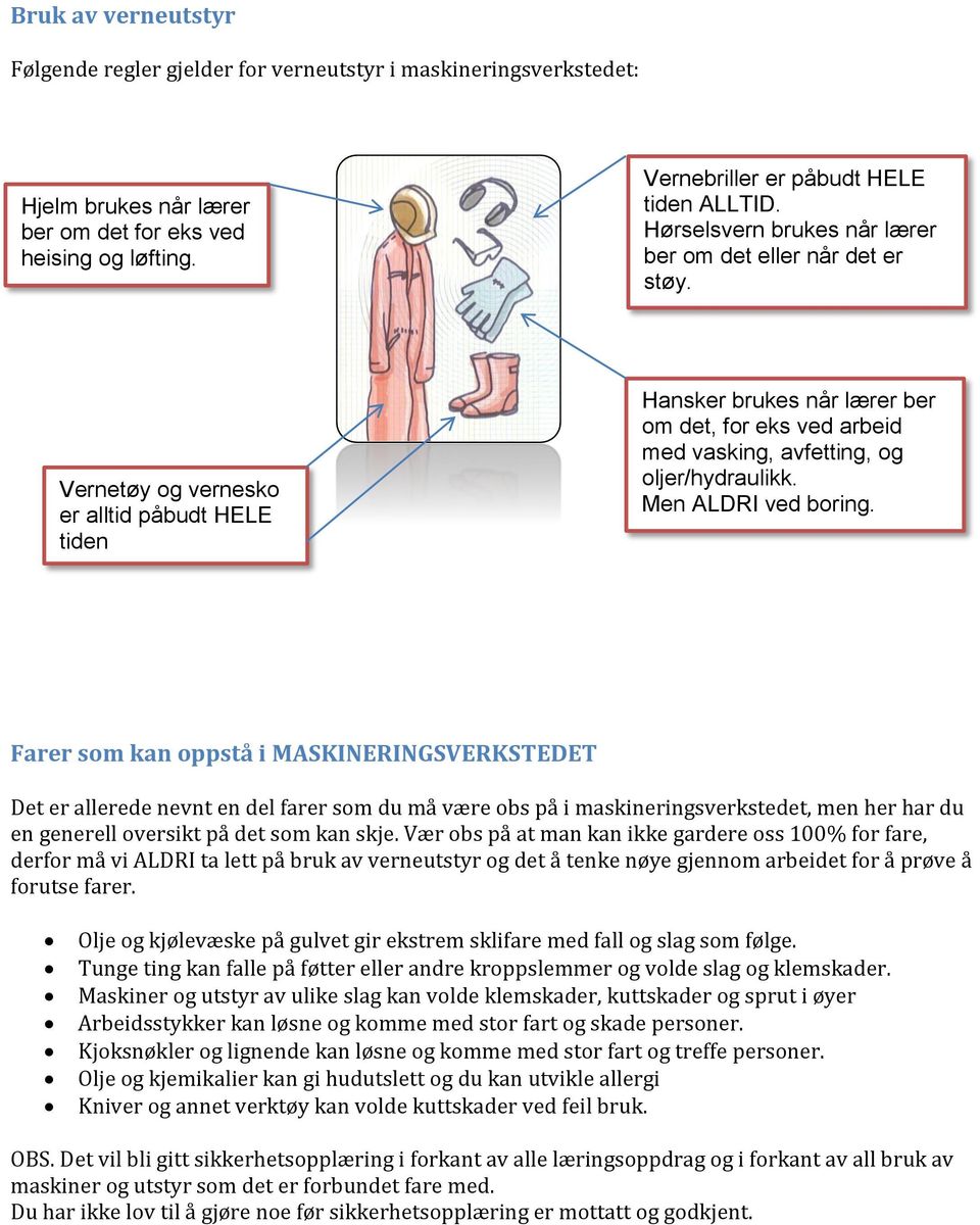 Vernetøy og vernesko er alltid påbudt HELE tiden Hansker brukes når lærer ber om det, for eks ved arbeid med vasking, avfetting, og oljer/hydraulikk. Men ALDRI ved boring.