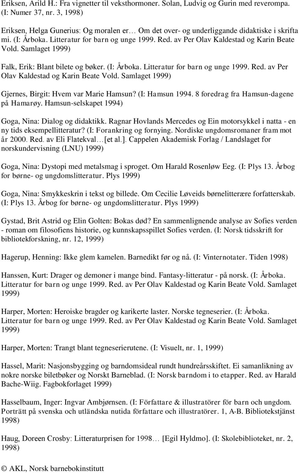 Samlaget Falk, Erik: Blant bilete og bøker. (I: Årboka. Litteratur for barn og unge 1999. Red. av Per Olav Kaldestad og Karin Beate Vold. Samlaget Gjernes, Birgit: Hvem var Marie Hamsun?