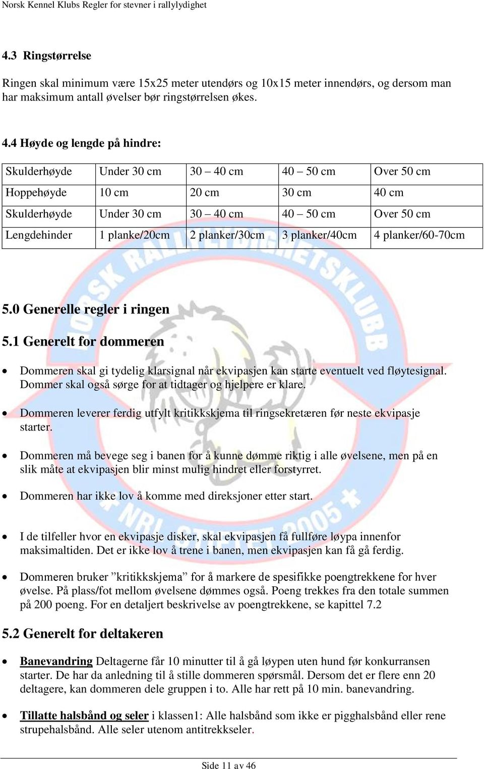 2 planker/30cm 3 planker/40cm 4 planker/60-70cm 5.0 Generelle regler i ringen 5.1 Generelt for dommeren Dommeren skal gi tydelig klarsignal når ekvipasjen kan starte eventuelt ved fløytesignal.