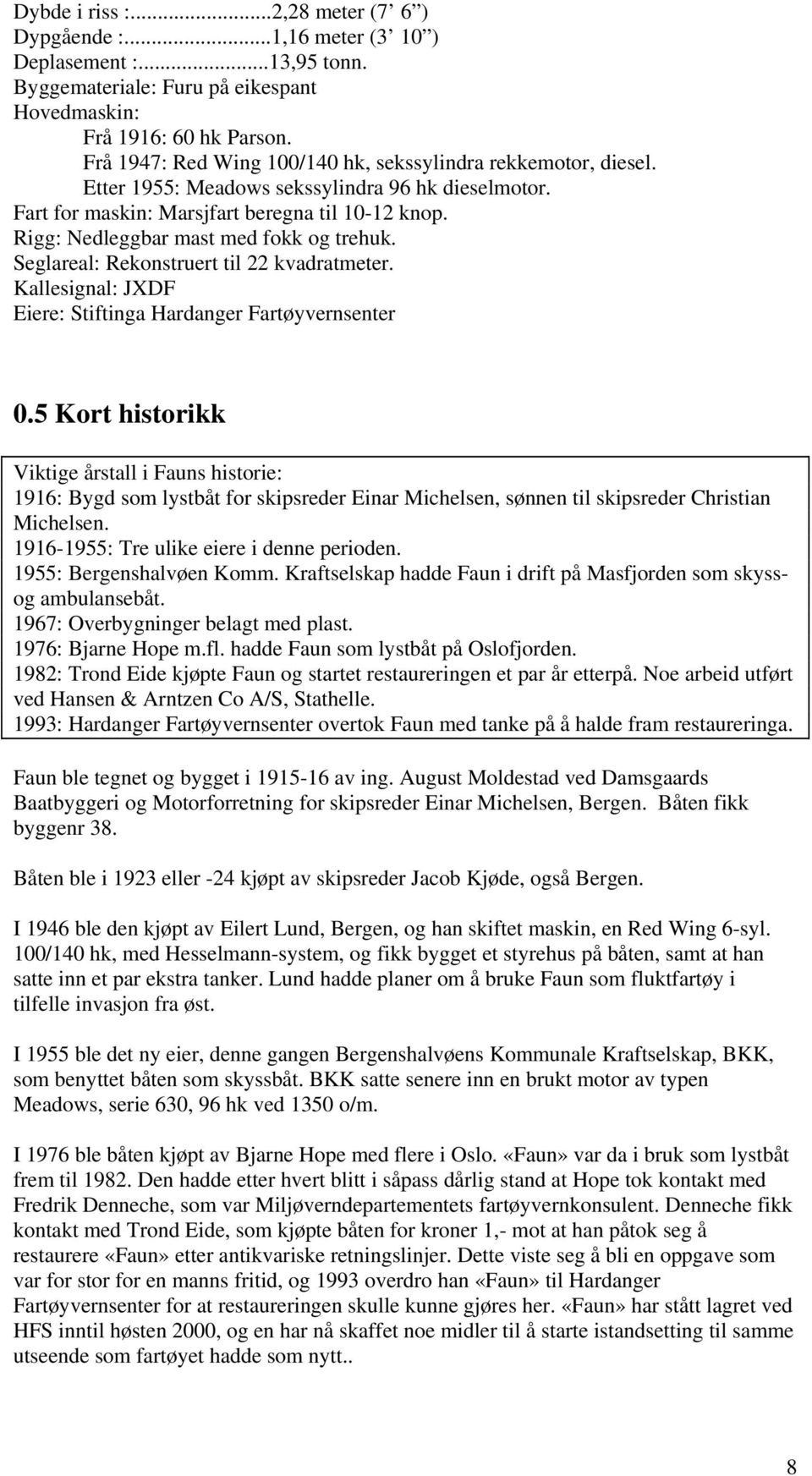 Rigg: Nedleggbar mast med fokk og trehuk. Seglareal: Rekonstruert til 22 kvadratmeter. Kallesignal: JXDF Eiere: Stiftinga Hardanger Fartøyvernsenter 0.