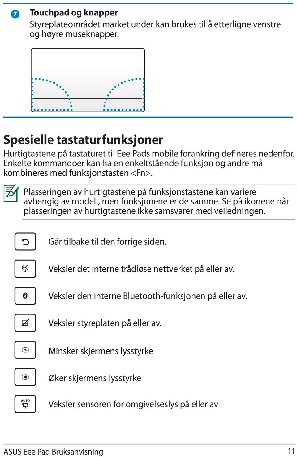 Enkelte kommandoer kan ha en enkeltstående funksjon og andre må kombineres med funksjonstasten <Fn>.