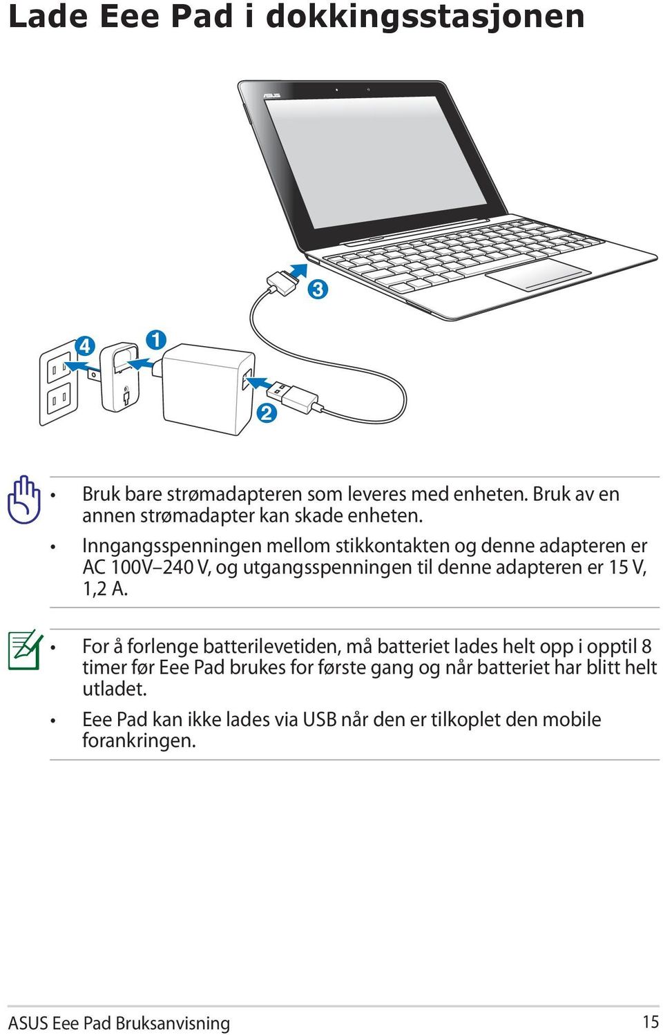 Inngangsspenningen mellom stikkontakten og denne adapteren er AC 100V 240 V, og utgangsspenningen til denne adapteren er 15 V, 1,2 A.