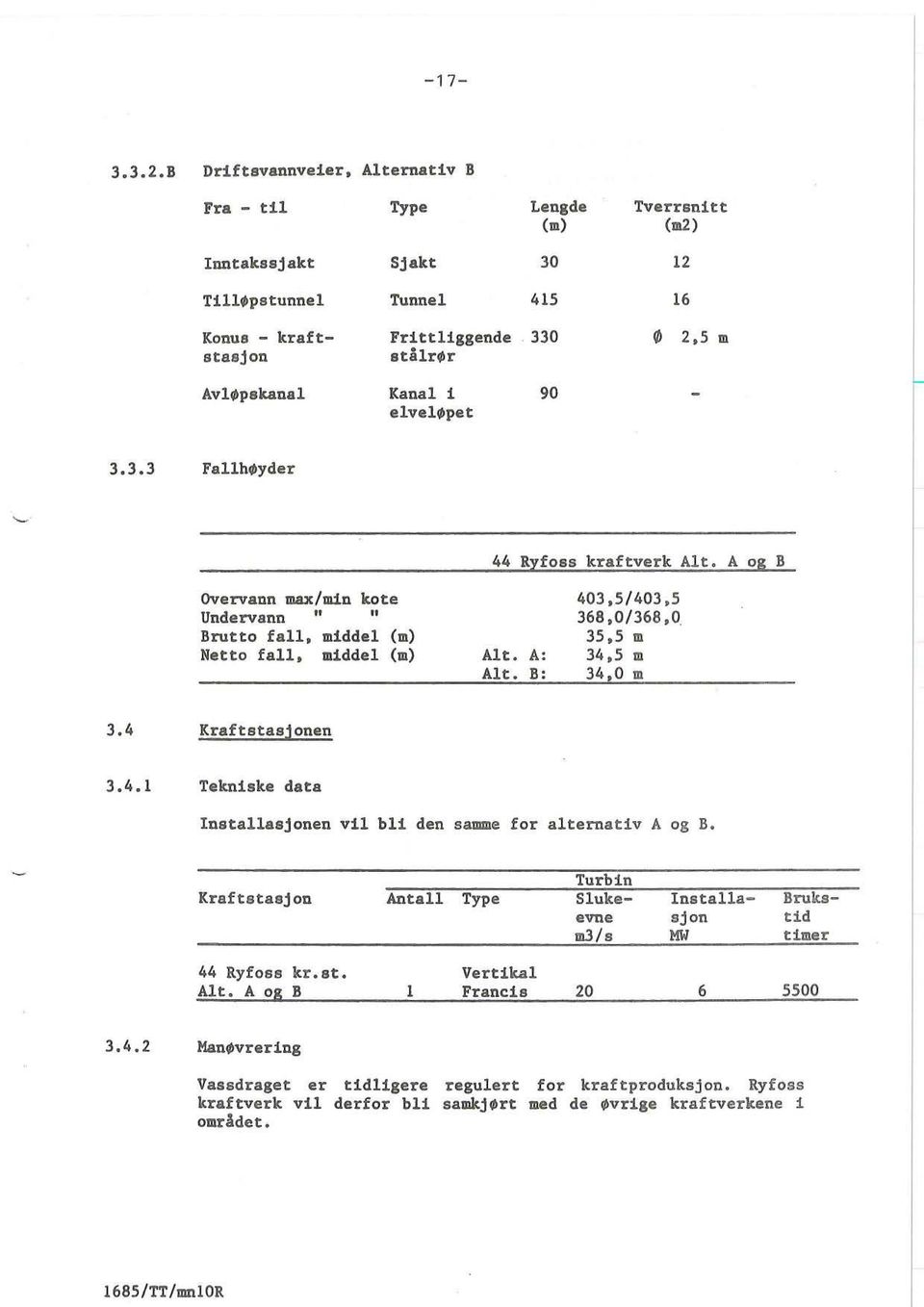3.3 Fallhøyder 44 Ryfoss kraftverk Alt. A og B Overvann max/min kote 403,5/403,5 Undervann.... 368,0/368,0 Brutto fall, middel (m) 35,5 m Netto fall. middel (m) Alt. A: 34,5 m Alt. B: 34,0 m 3.