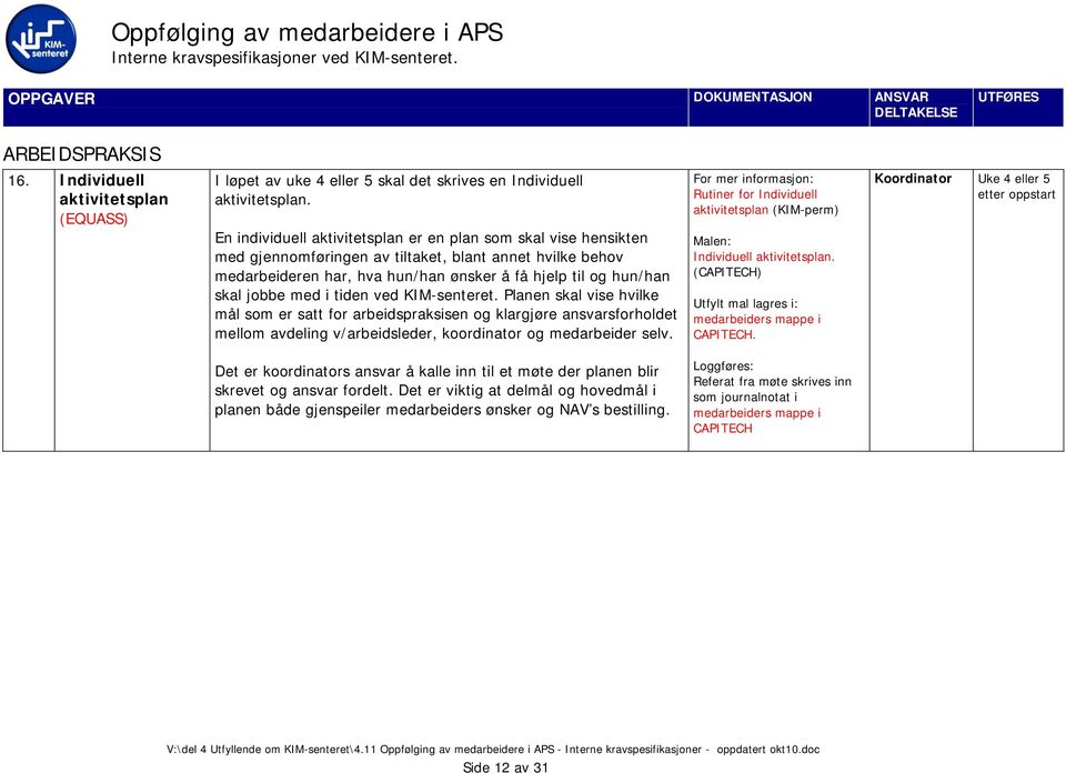 med i tiden ved KIM-senteret. Planen skal vise hvilke mål som er satt for arbeidspraksisen og klargjøre ansvarsforholdet mellom avdeling v/arbeidsleder, koordinator og medarbeider selv.