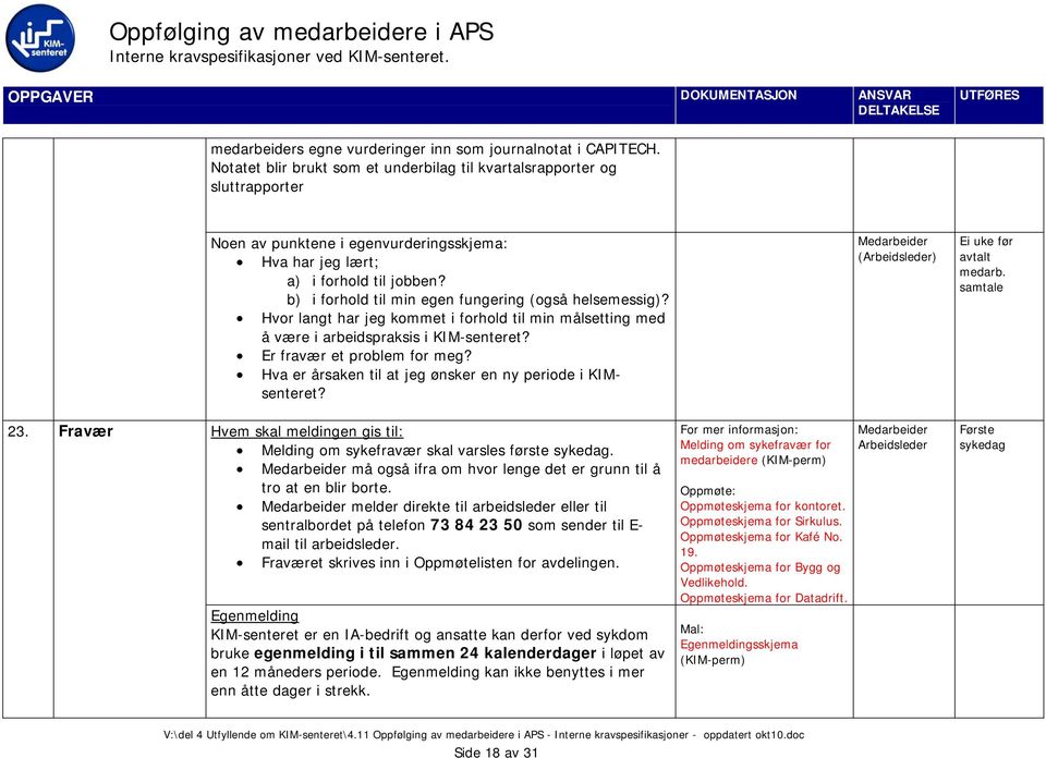 b) i forhold til min egen fungering (også helsemessig)? Hvor langt har jeg kommet i forhold til min målsetting med å være i arbeidspraksis i KIM-senteret? Er fravær et problem for meg?