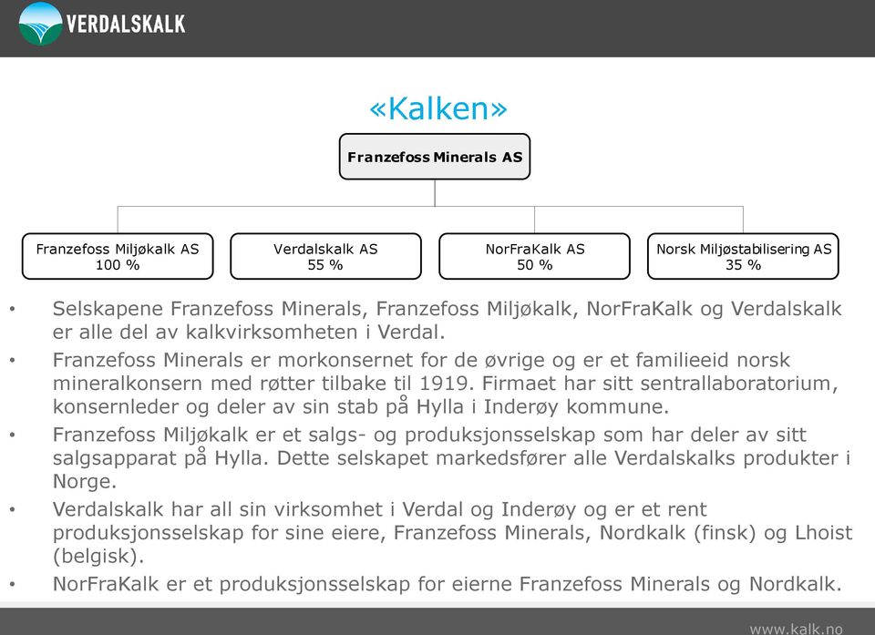 Firmaet har sitt sentrallaboratorium, konsernleder og deler av sin stab på Hylla i Inderøy kommune. Franzefoss Miljøkalk er et salgs- og produksjonsselskap som har deler av sitt salgsapparat på Hylla.