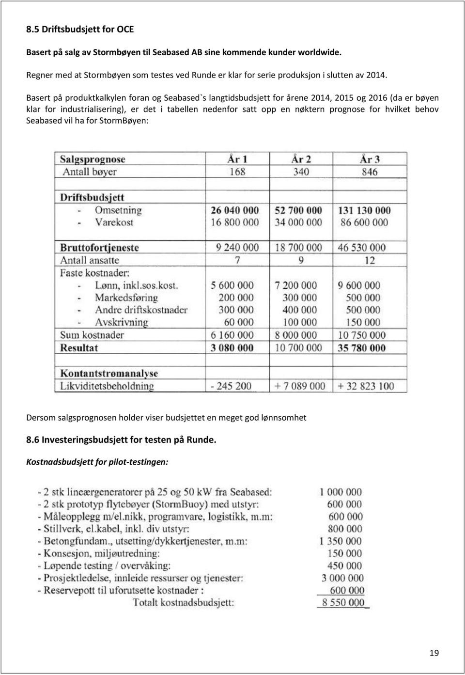 Basert på produktkalkylen foran og Seabased`s langtidsbudsjett for årene 2014, 2015 og 2016 (da er bøyen klar for industrialisering), er det i