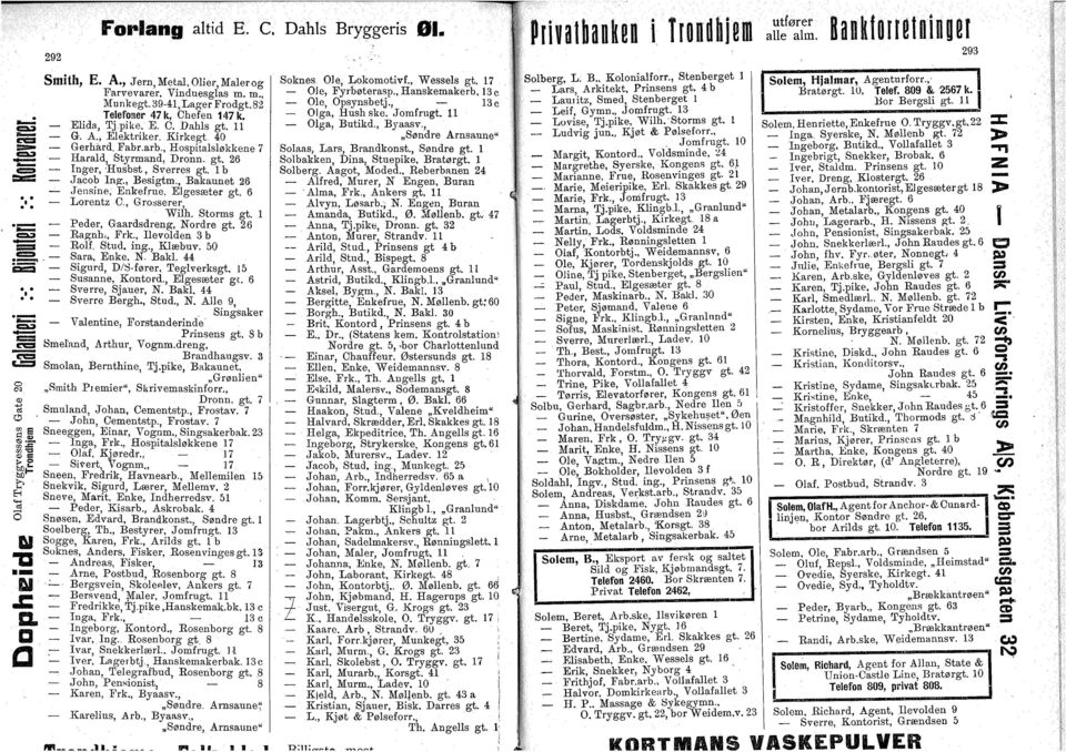 Strms gt. l Peder, Grdsdreng, Nrdre gt. 26 Rgnh:, Frk., Ilevlden 3 b Rlf. Stud. ing., Klæbuv. 50. Sr, Enke, N- Bki. 44 Sigurd, D/S-fører, Tegiverksgt, 15 Susnne, Kntrd., Elgesæter gt.