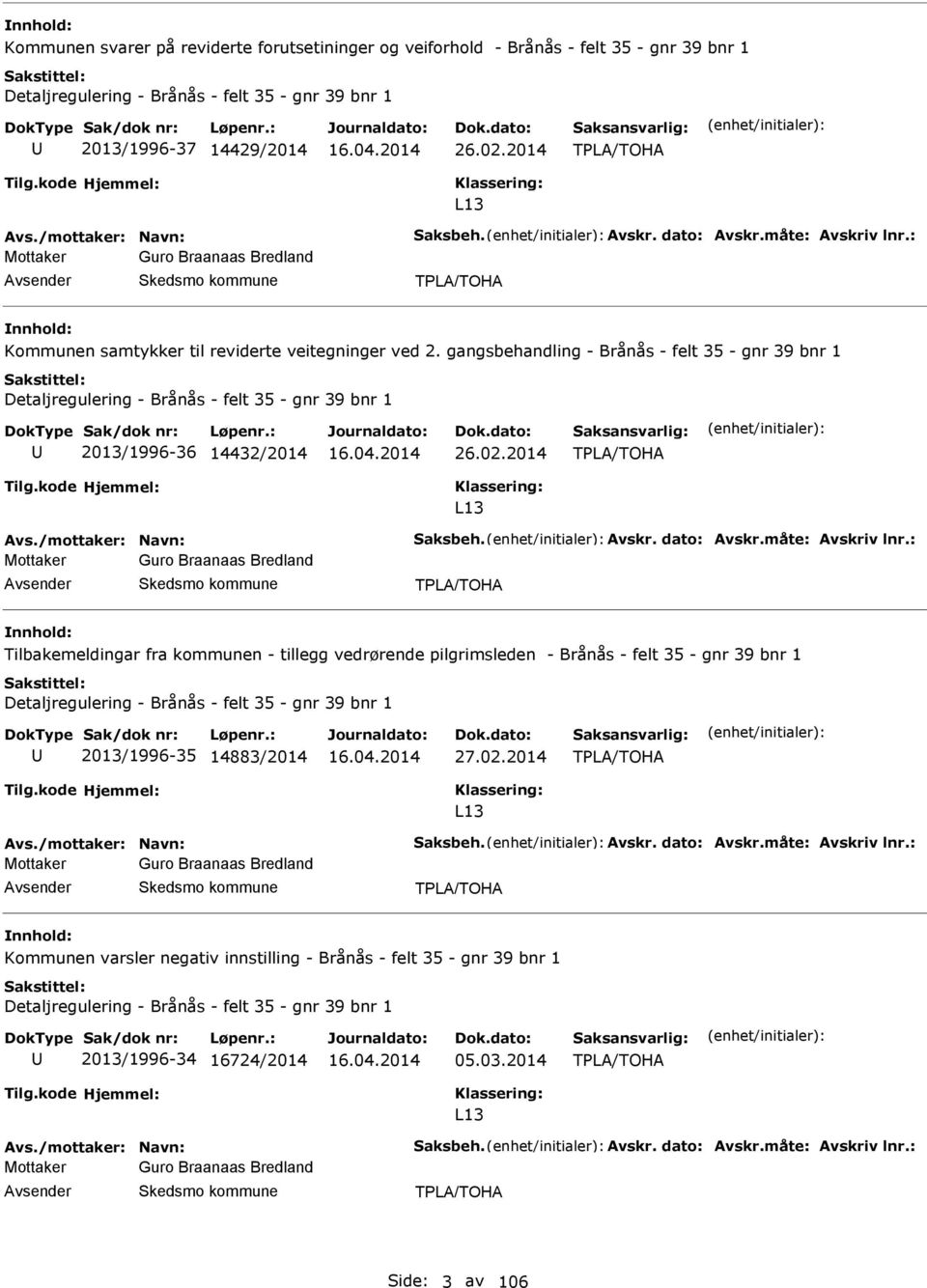 gangsbehandling - Brånås - felt 35 - gnr 39 bnr 1 Detaljregulering - Brånås - felt 35 - gnr 39 bnr 1 2013/1996-36 14432/2014 26.02.2014 TPL/TOH L13 vs./mottaker: Navn: Saksbeh. vskr. dato: vskr.