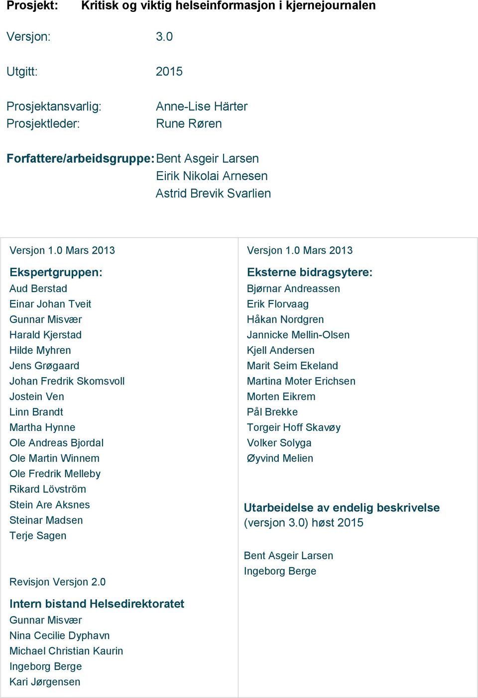 0 Mars 2013 Ekspertgruppen: Aud Berstad Einar Johan Tveit Gunnar Misvær Harald Kjerstad Hilde Myhren Jens Grøgaard Johan Fredrik Skomsvoll Jostein Ven Linn Brandt Martha Hynne Ole Andreas Bjordal Ole