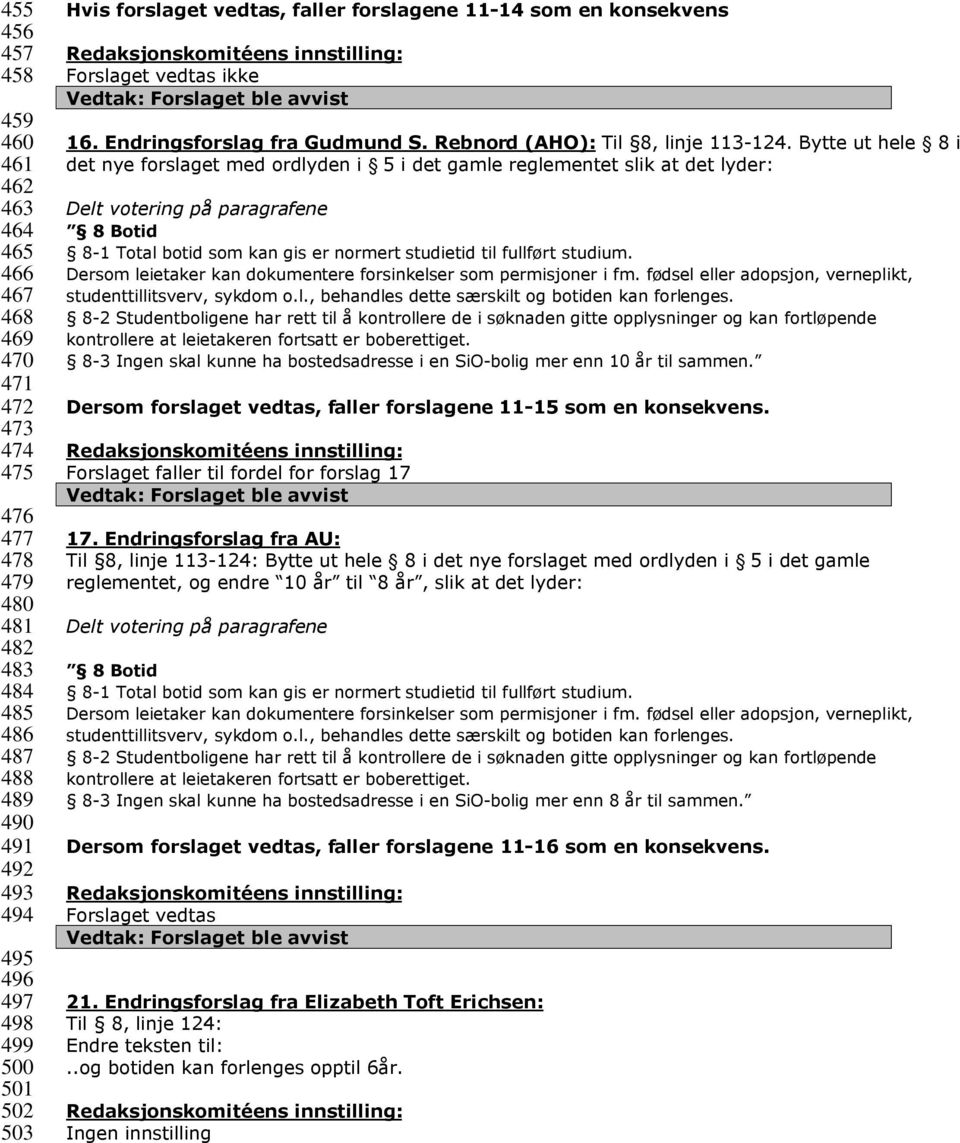 Bytte ut hele 8 i det nye forslaget med ordlyden i 5 i det gamle reglementet slik at det lyder: Delt votering på paragrafene 8 Botid 8-1 Total botid som kan gis er normert studietid til fullført