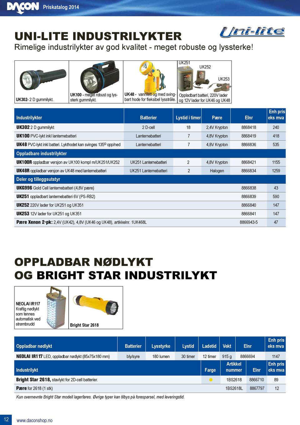 Oppladbart batteri, 220V lader og 12V lader for UK46 og UK48 Enh pris Industrilykter Batterier Lystid i timer Pære Elnr eks mva UK302 2 D gummilykt 2 D-cell 18 2,4V Krypton 8868418 240 UK100 PVC-lykt