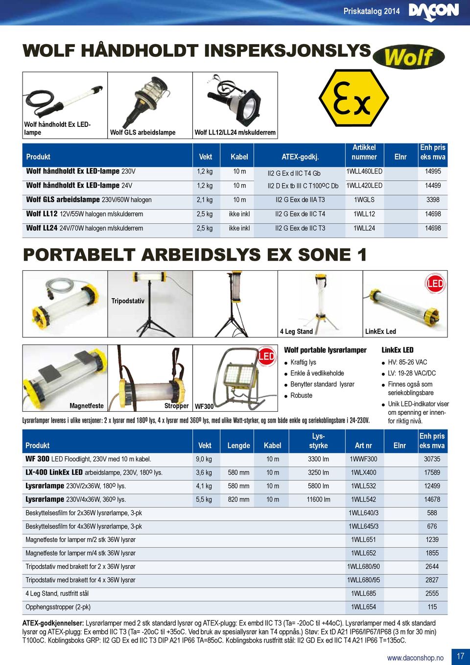 arbeidslampe 230V/60W halogen 2,1 kg 10 m II2 G Eex de IIA T3 1WGLS 3398 Wolf LL12 12V/55W halogen m/skulderrem 2,5 kg ikke inkl II2 G Eex de IIC T4 1WLL12 14698 Wolf LL24 24V/70W halogen