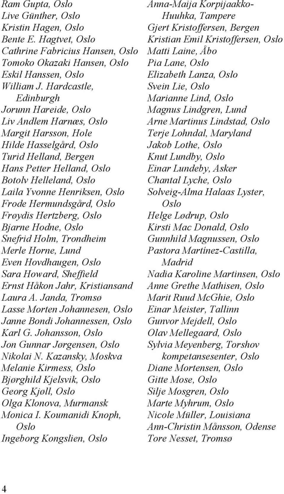 Henriksen, Oslo Frode Hermundsgård, Oslo Frøydis Hertzberg, Oslo Bjarne Hodne, Oslo Snefrid Holm, Trondheim Merle Horne, Lund Even Hovdhaugen, Oslo Sara Howard, Sheffield Ernst Håkon Jahr,