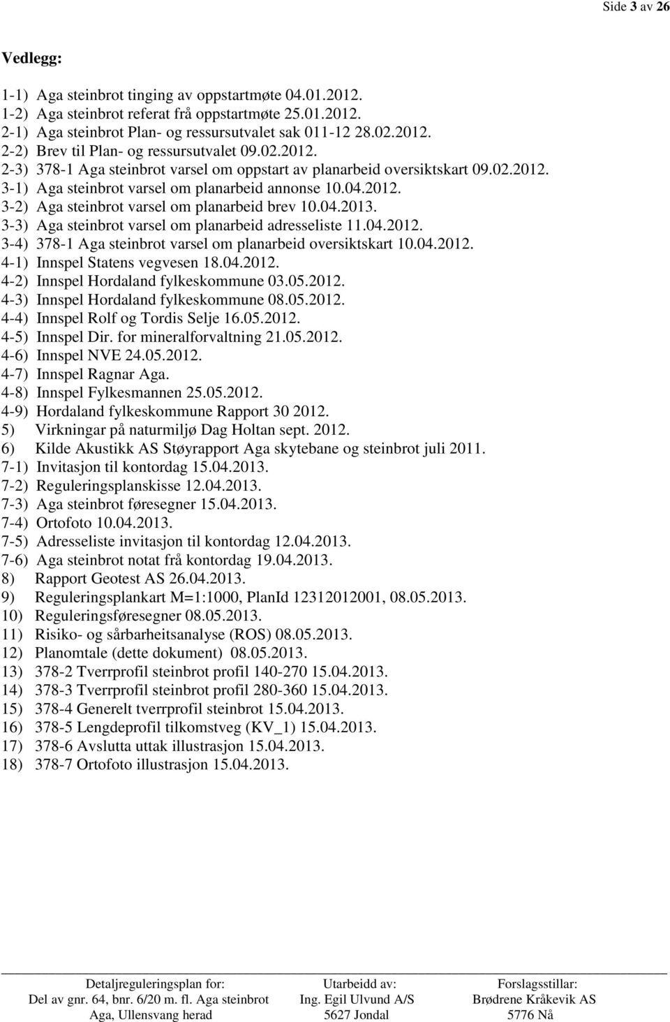 04.2013. 3-3) Aga steinbrot varsel om planarbeid adresseliste 11.04.2012. 3-4) 378-1 Aga steinbrot varsel om planarbeid oversiktskart 10.04.2012. 4-1) Innspel Statens vegvesen 18.04.2012. 4-2) Innspel Hordaland fylkeskommune 03.