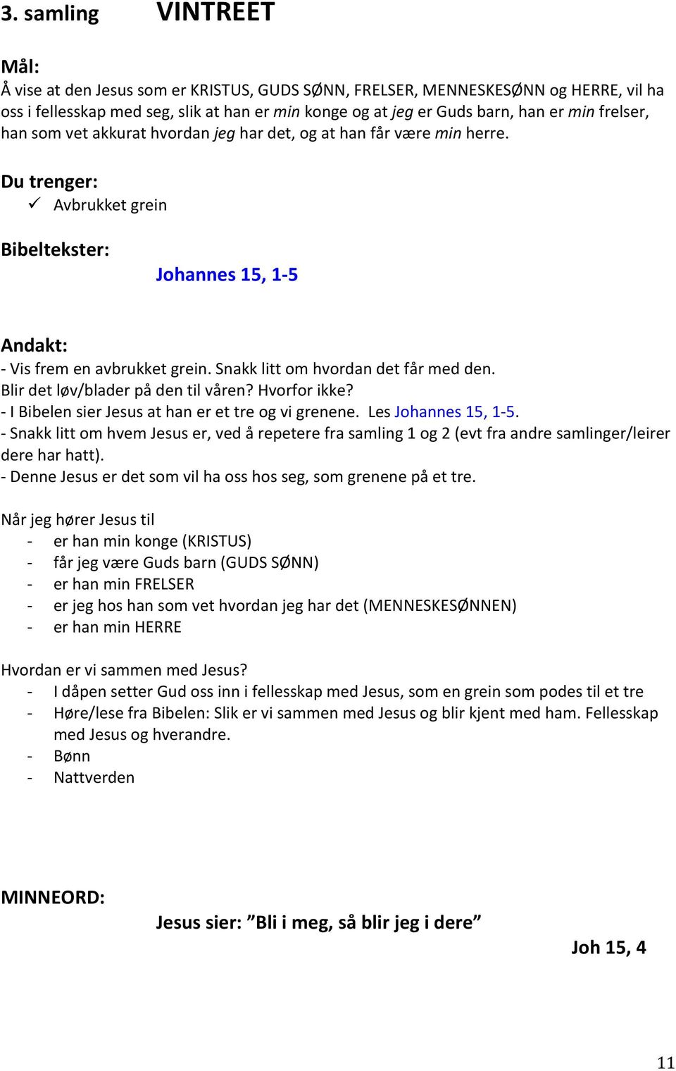 Snakk litt om hvordan det får med den. Blir det løv/blader på den til våren? Hvorfor ikke? I Bibelen sier Jesus at han er et tre og vi grenene. Les Johannes 15, 15.