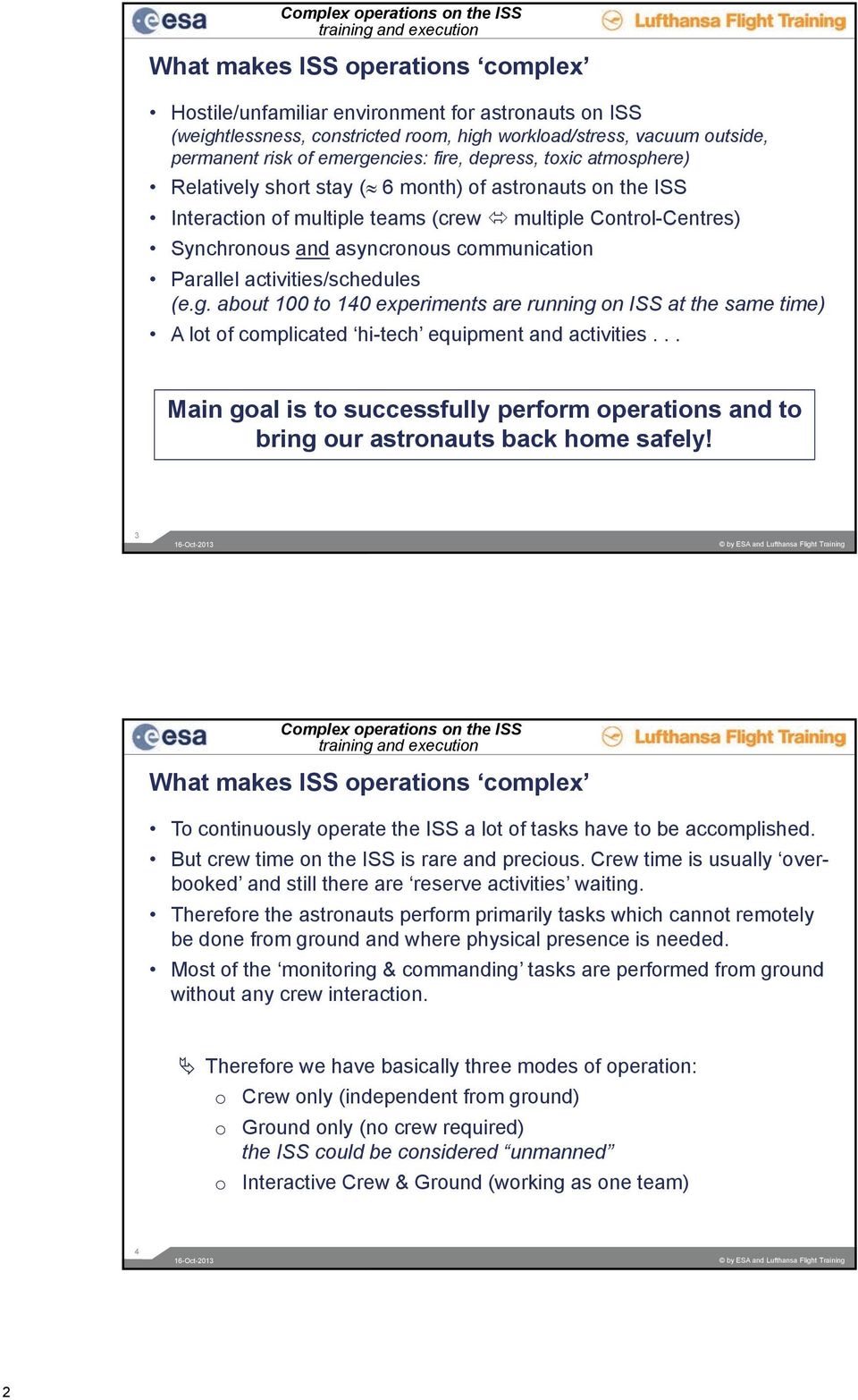 Synchronous and asyncronous communication Parallel activities/schedules (e.g. about 100 to 140 experiments are running on ISS at the same time) A lot of complicated hi-tech equipment and activities.