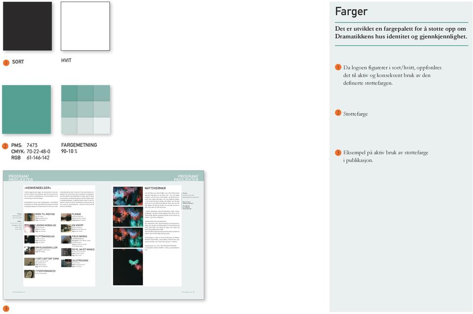 2 Støttefarge 2 PMS: 7473 CMYK: 70-22-48-0 RGB 6-46-42 FARGEMETNING 90-0 % 3 Eksempel på aktiv bruk av støttefarge i publikasjon.