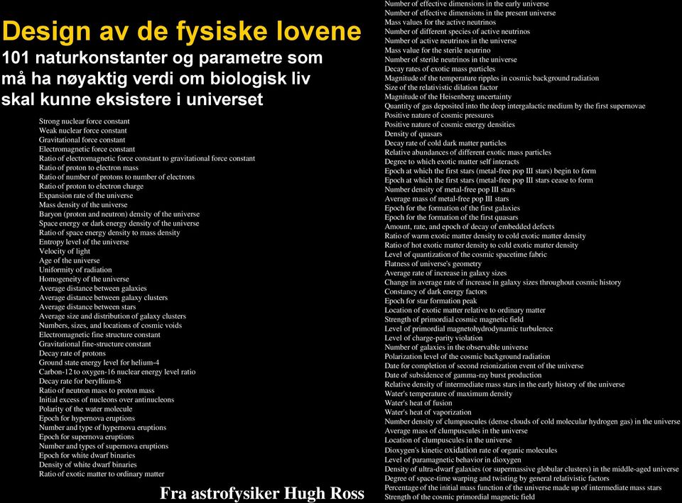 number of electrons Ratio of proton to electron charge Expansion rate of the universe Mass density of the universe Baryon (proton and neutron) density of the universe Space energy or dark energy