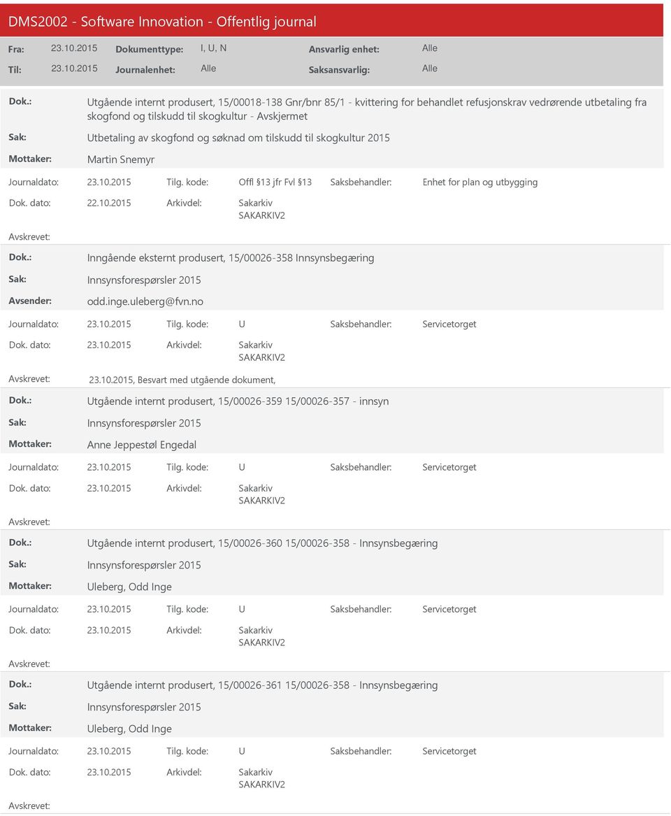 no, Besvart med utgående dokument, tgående internt produsert, 15/00026-359 15/00026-357 - innsyn Innsynsforespørsler 2015 Anne Jeppestøl Engedal tgående internt produsert,