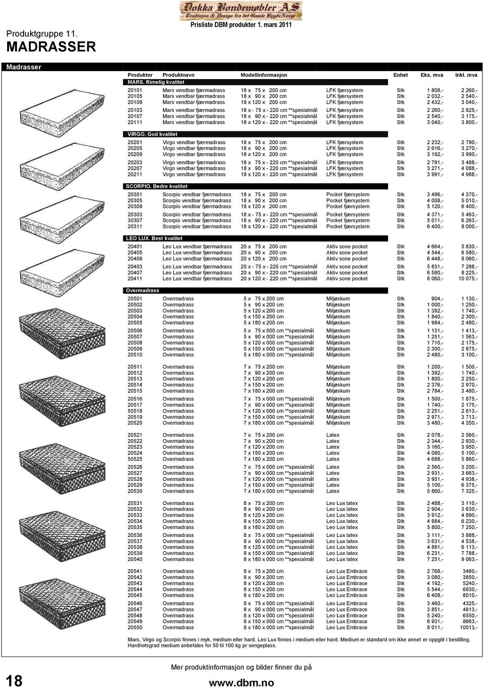 fjærmadrass 18 x 075 x 0200 cm 18 x 090 x 0200 cm 18 x 120 x 0200 cm 18 x - 75 x - 220 cm **spesialmål 18 x 090 x - 220 cm **spesialmål 18 x 120 x - 220 cm **spesialmål LFK fjærsystem LFK fjærsystem