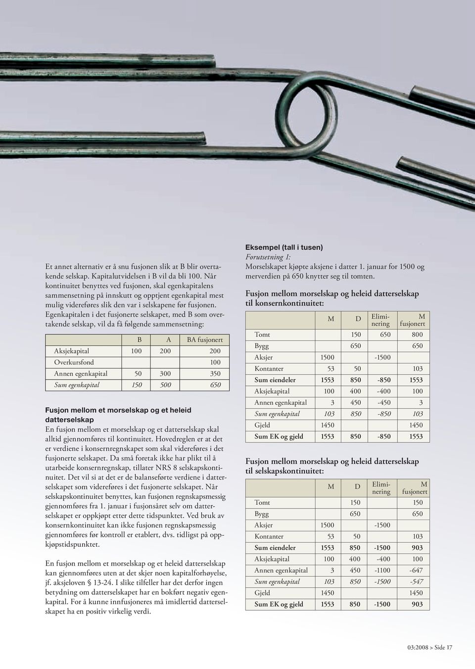 Egenkapitalen i det fusjonerte selskapet, med B som overtakende selskap, vil da få følgende sammensetning: B A BA fusjonert Aksjekapital 100 200 200 Overkursfond 100 Annen egenkapital 50 300 350 Sum