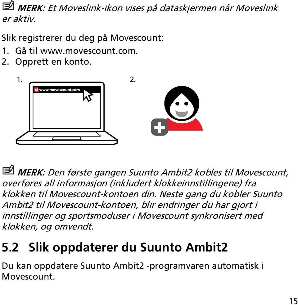 MERK: Den første gangen Suunto Ambit2 kobles til Movescount, overføres all informasjon (inkludert klokkeinnstillingene) fra klokken til