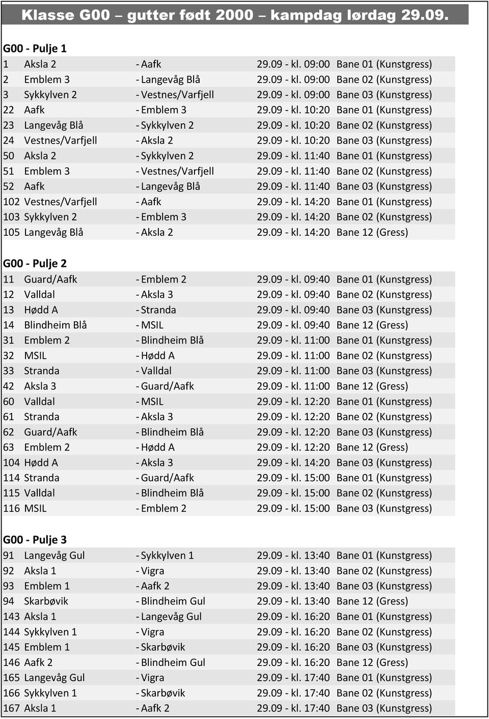 09 - kl. 10:20 Bane 03 (Kunstgress) 50 Aksla 2 - Sykkylven 2 29.09 - kl. 11:40 Bane 01 (Kunstgress) 51 Emblem 3 - Vestnes/Varfjell 29.09 - kl. 11:40 Bane 02 (Kunstgress) 52 Aafk - Langevåg Blå 29.