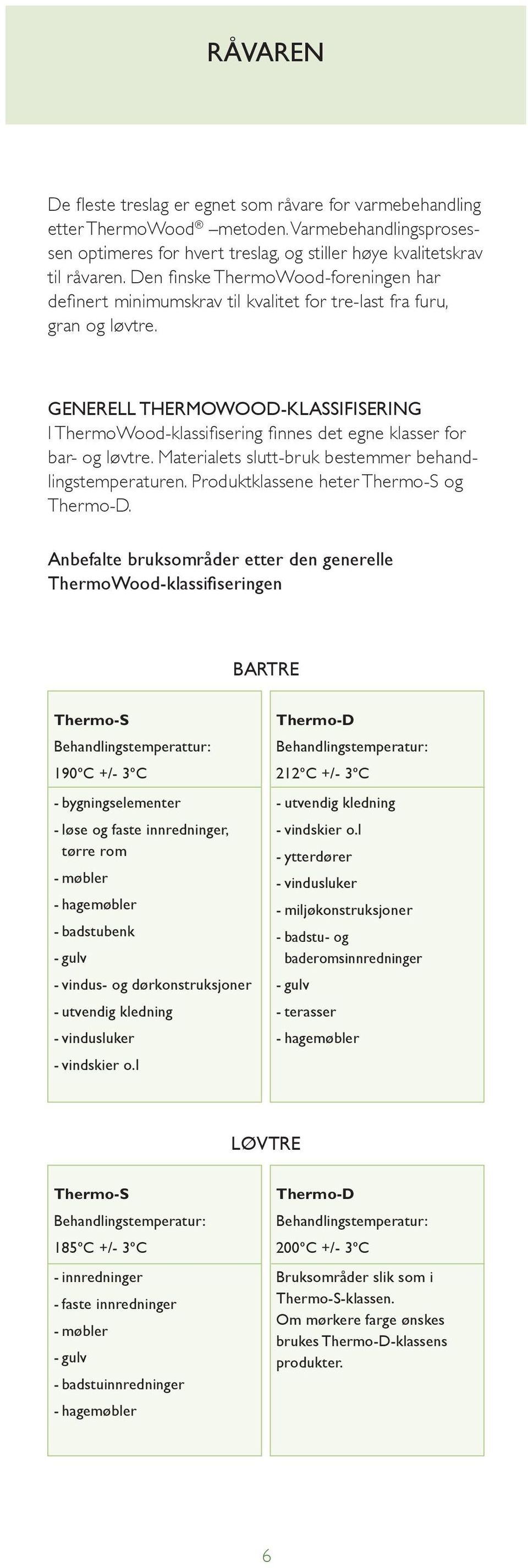 Generell ThermoWood-klassifisering I ThermoWood-klassifisering finnes det egne klasser for bar- og løvtre. Materialets slutt-bruk bestemmer behandlingstemperaturen.