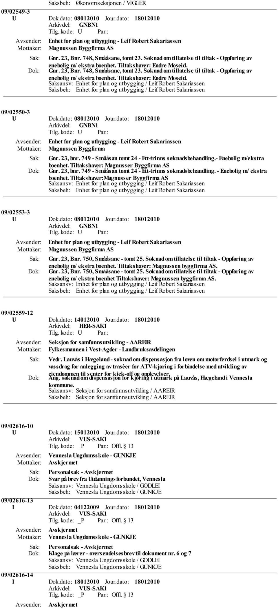 Søknad om tillatelse til tiltak - Oppføring av enebolig m/ ekstra boenhet. Tiltakshaver: Endre Moseid. 09/02550-3 U Dok.dato: 08012010 Jour.