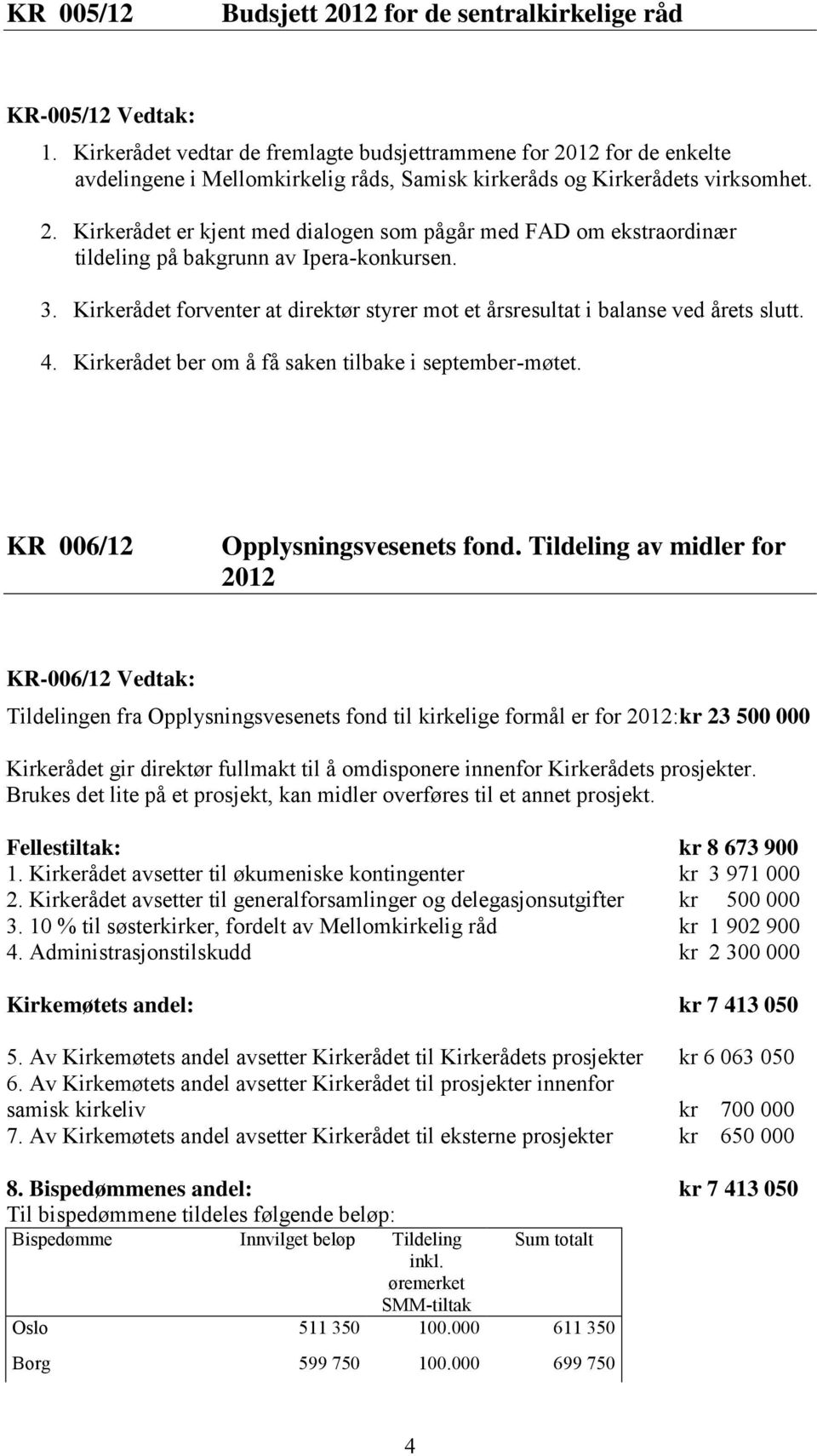 3. Kirkerådet forventer at direktør styrer mot et årsresultat i balanse ved årets slutt. 4. Kirkerådet ber om å få saken tilbake i september-møtet. KR 006/12 Opplysningsvesenets fond.