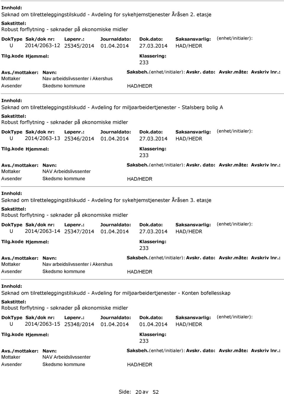 Stalsberg bolig Robust forflytning - søknader på økonomiske midler 2014/2063-13 25346/2014 Mottaker NV rbeidslivssenter om tilretteleggingstilskudd - vdeling for sykehjemstjenester Åråsen 3.