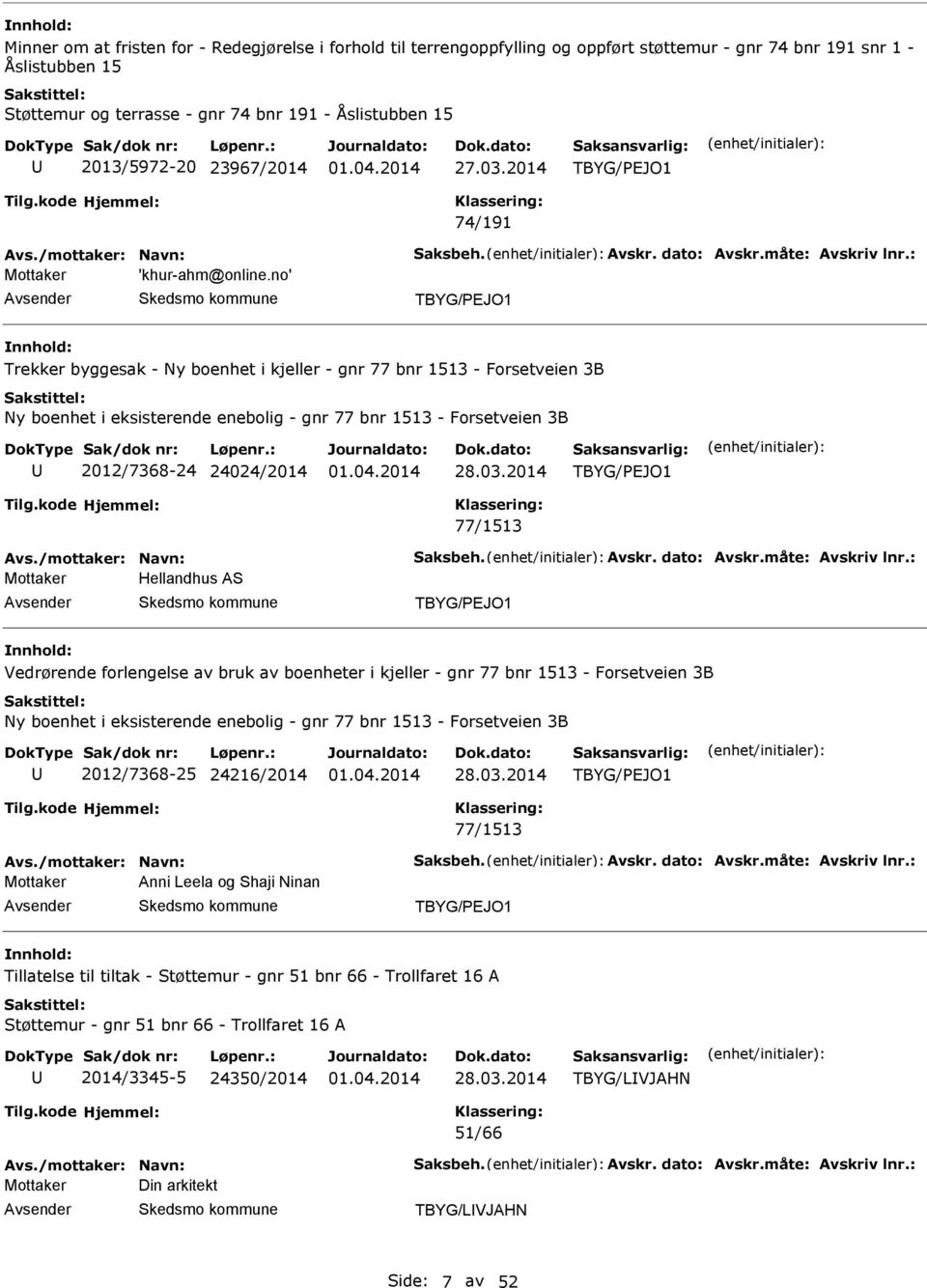 no' TBYG/PJO1 Trekker byggesak - Ny boenhet i kjeller - gnr 77 bnr 1513 - Forsetveien 3B Ny boenhet i eksisterende enebolig - gnr 77 bnr 1513 - Forsetveien 3B 2012/7368-24 24024/2014 28.03.