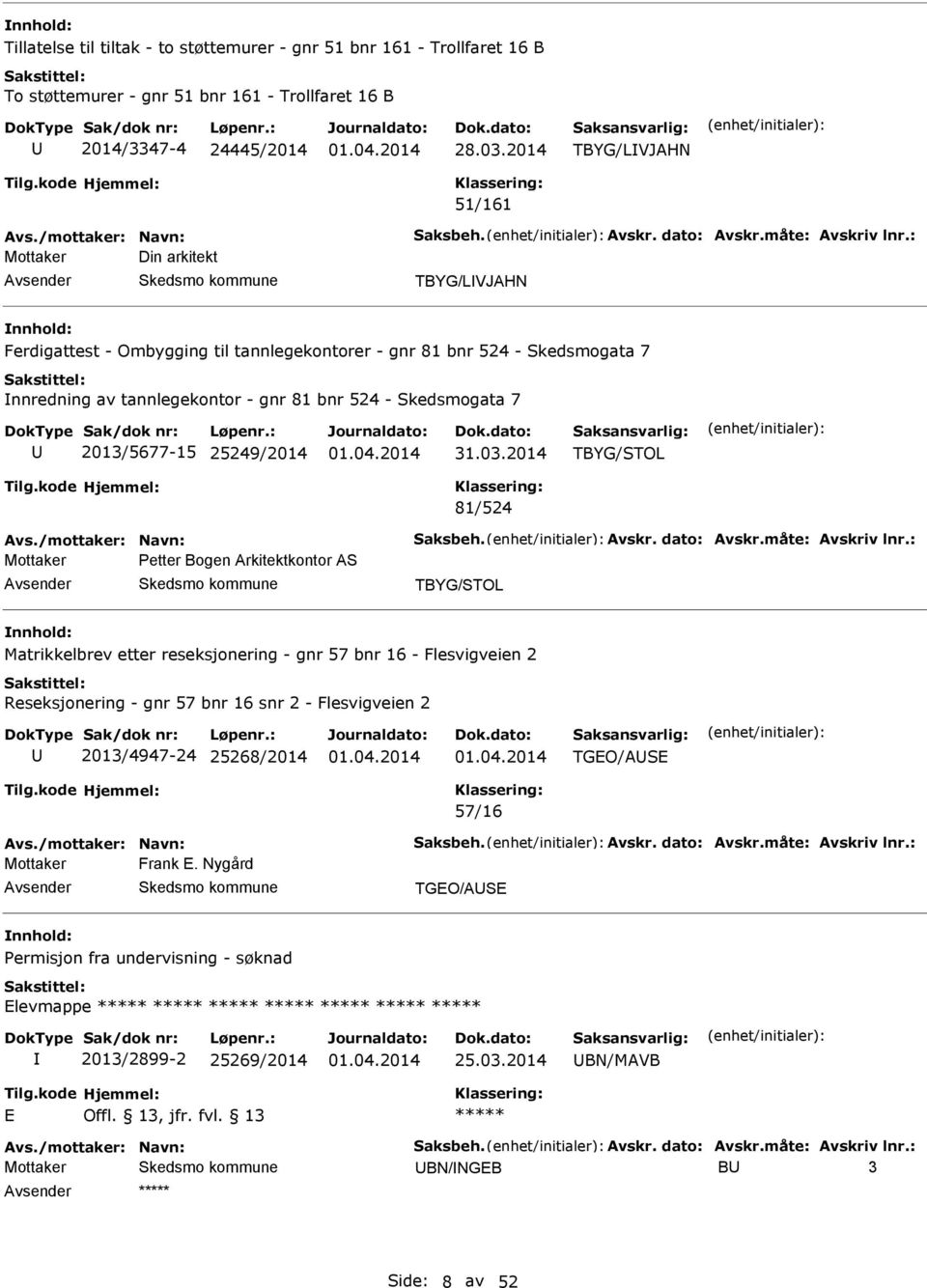 Skedsmogata 7 2013/5677-15 25249/2014 TBYG/STOL 81/524 Mottaker Petter Bogen rkitektkontor S TBYG/STOL Matrikkelbrev etter reseksjonering - gnr 57 bnr 16 - Flesvigveien 2