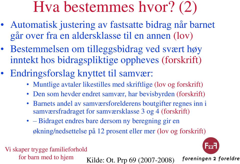 hos bidragspliktige oppheves (forskrift) Endringsforslag knyttet til samvær: Muntlige avtaler likestilles med skriftlige (lov og forskrift) Den som hevder