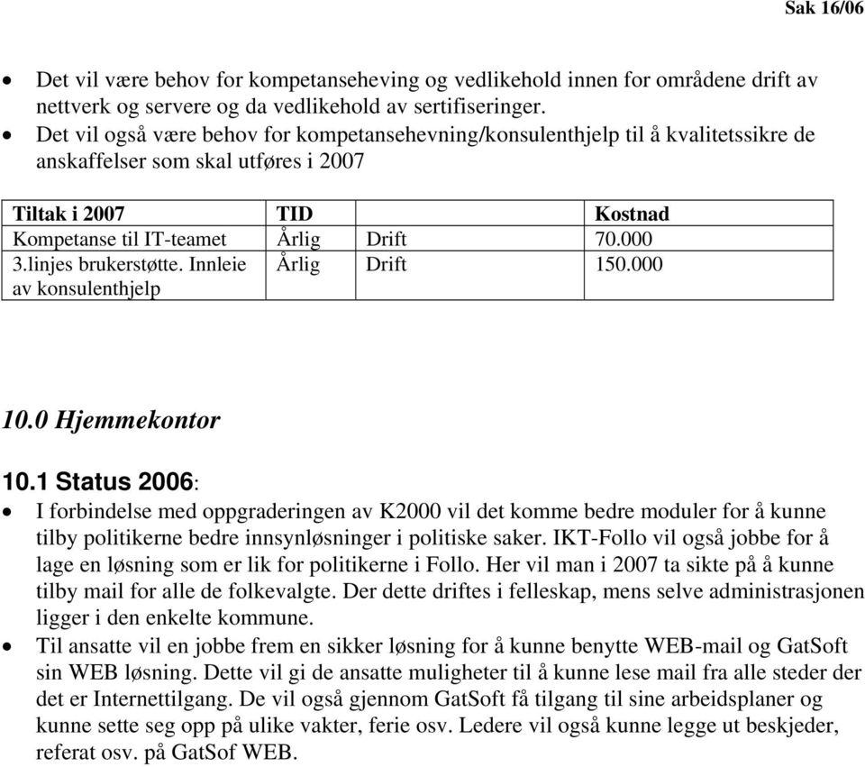 linjes brukerstøtte. Innleie av konsulenthjelp Årlig Drift 150.000 10.0 Hjemmekontor 10.