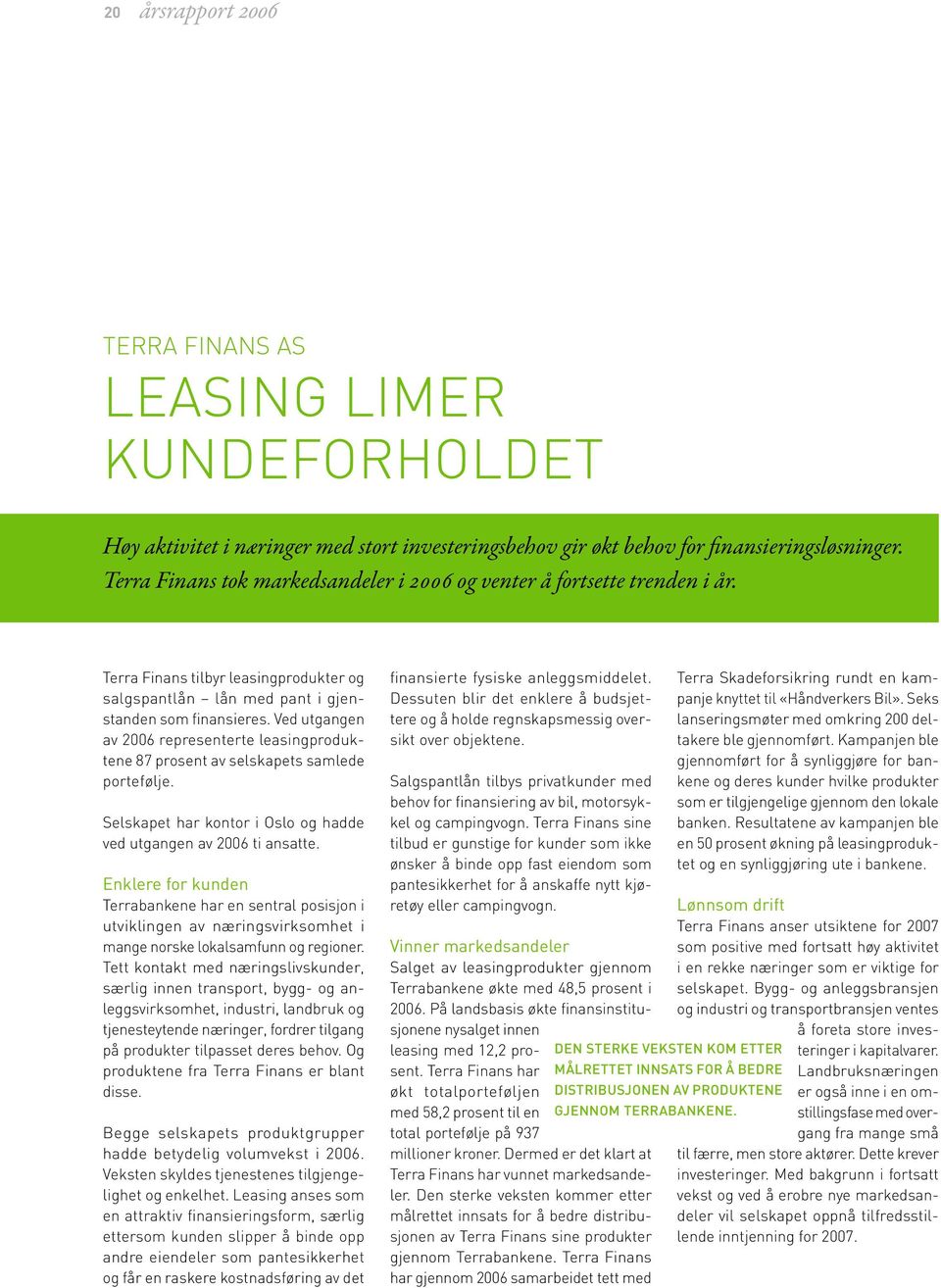 Ved utgangen av 2006 representerte leasingproduktene 87 prosent av selskapets samlede porte følje. Selskapet har kontor i Oslo og hadde ved utgangen av 2006 ti ansatte.