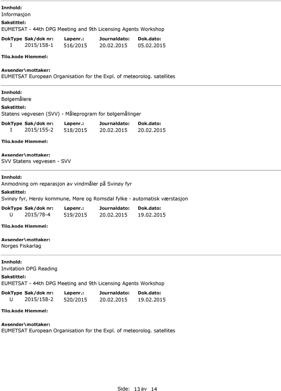 satellites Bølgemålere Statens vegvesen (SVV) - Måleprogram for bølgemålinger 2015/155-2 518/2015 SVV Statens vegvesen - SVV Anmodning om reparasjon av