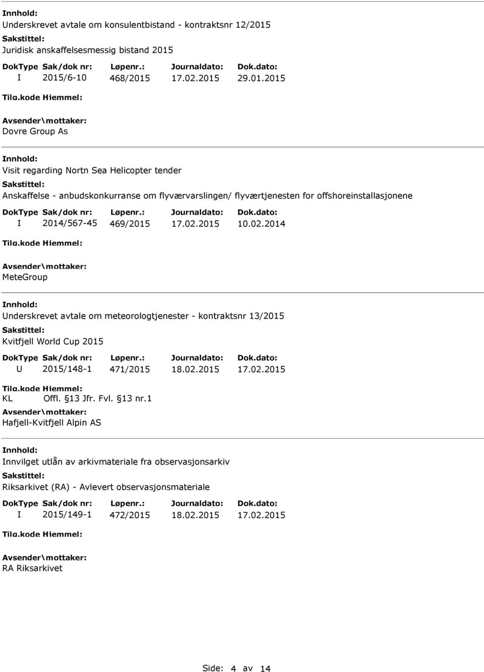 2015/6-10 468/2015 29.01.2015 Dovre Group As Visit regarding Nortn Sea Helicopter tender Anskaffelse - anbudskonkurranse om flyværvarslingen/ flyværtjenesten for