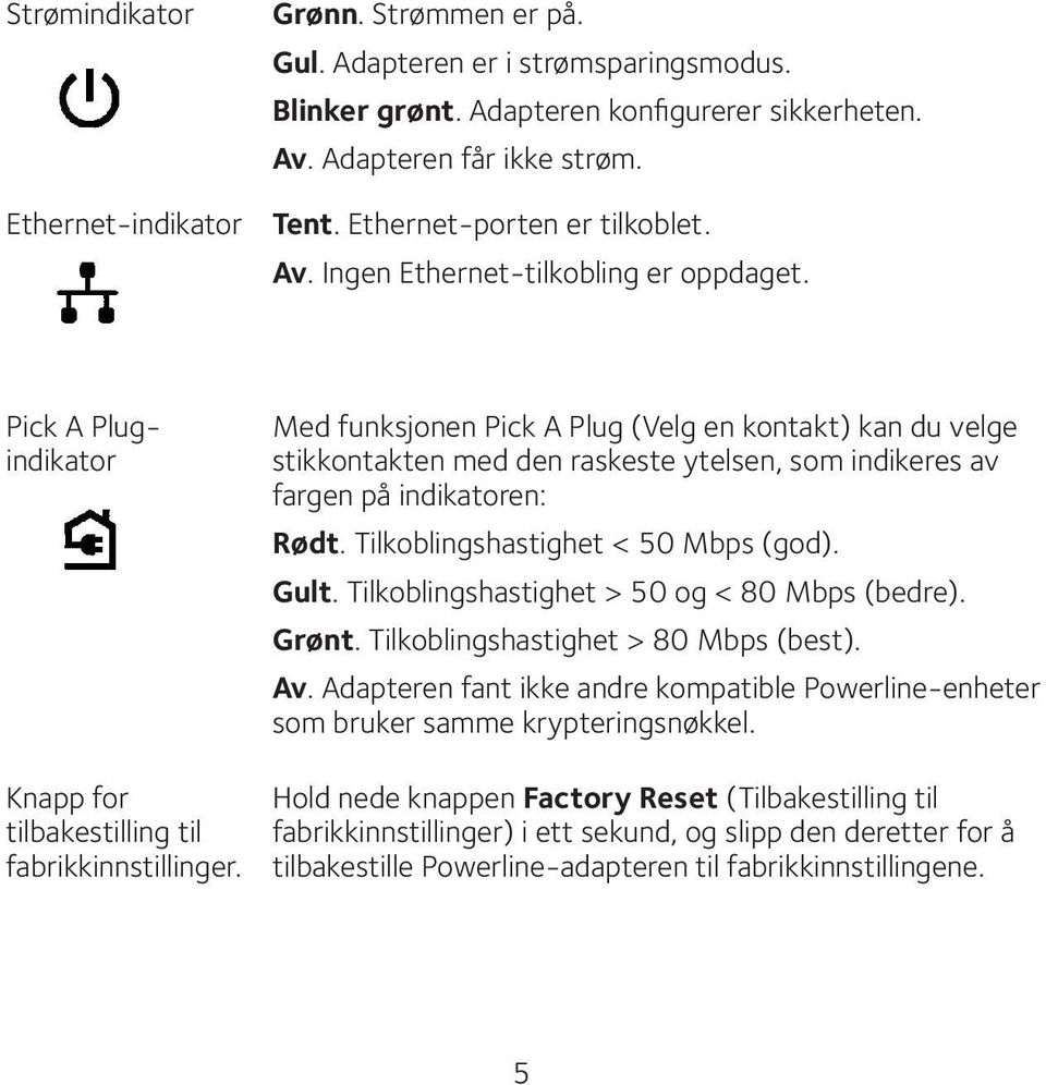 Med funksjonen Pick A Plug (Velg en kontakt) kan du velge stikkontakten med den raskeste ytelsen, som indikeres av fargen på indikatoren: Rødt. Tilkoblingshastighet < 50 Mbps (god). Gult.