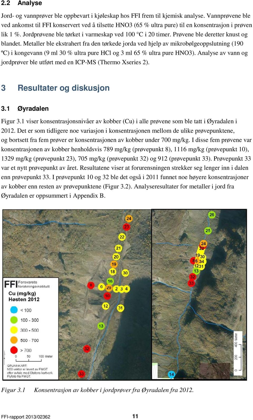 Prøvene ble deretter knust og blandet. Metaller ble ekstrahert fra den tørkede jorda ved hjelp av mikrobølgeoppslutning (190 ºC) i kongevann (9 ml 30 % ultra pure HCl og 3 ml 65 % ultra pure HNO3).