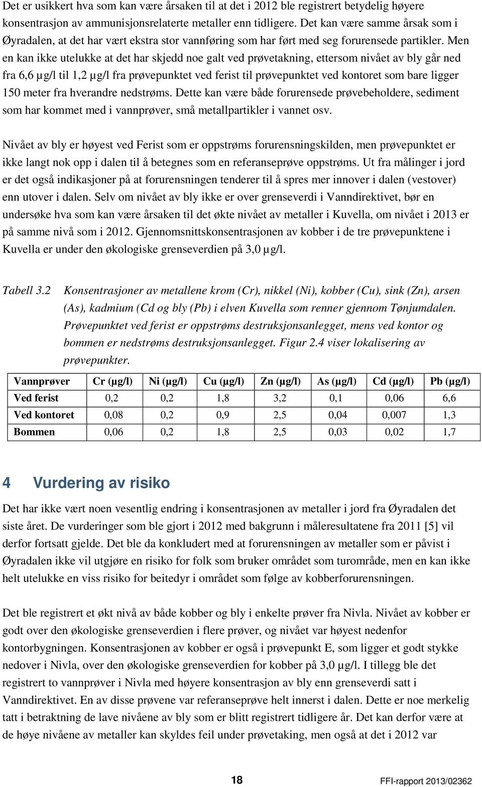 Men en kan ikke utelukke at det har skjedd noe galt ved prøvetakning, ettersom nivået av bly går ned fra 6,6 µg/l til 1,2 µg/l fra prøvepunktet ved ferist til prøvepunktet ved kontoret som bare