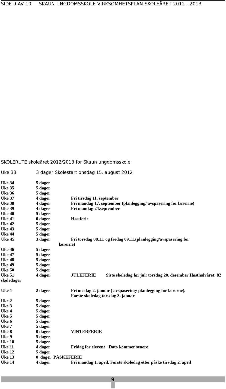 september Uke 40 Uke 41 0 dager Høstferie Uke 42 Uke 43 Uke 44 Uke 45 3 dager Fri torsdag 08.11.