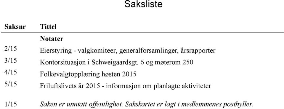 6 og møterom 250 4/15 Folkevalgtopplæring høsten 2015 5/15 Friluftslivets år 2015 -