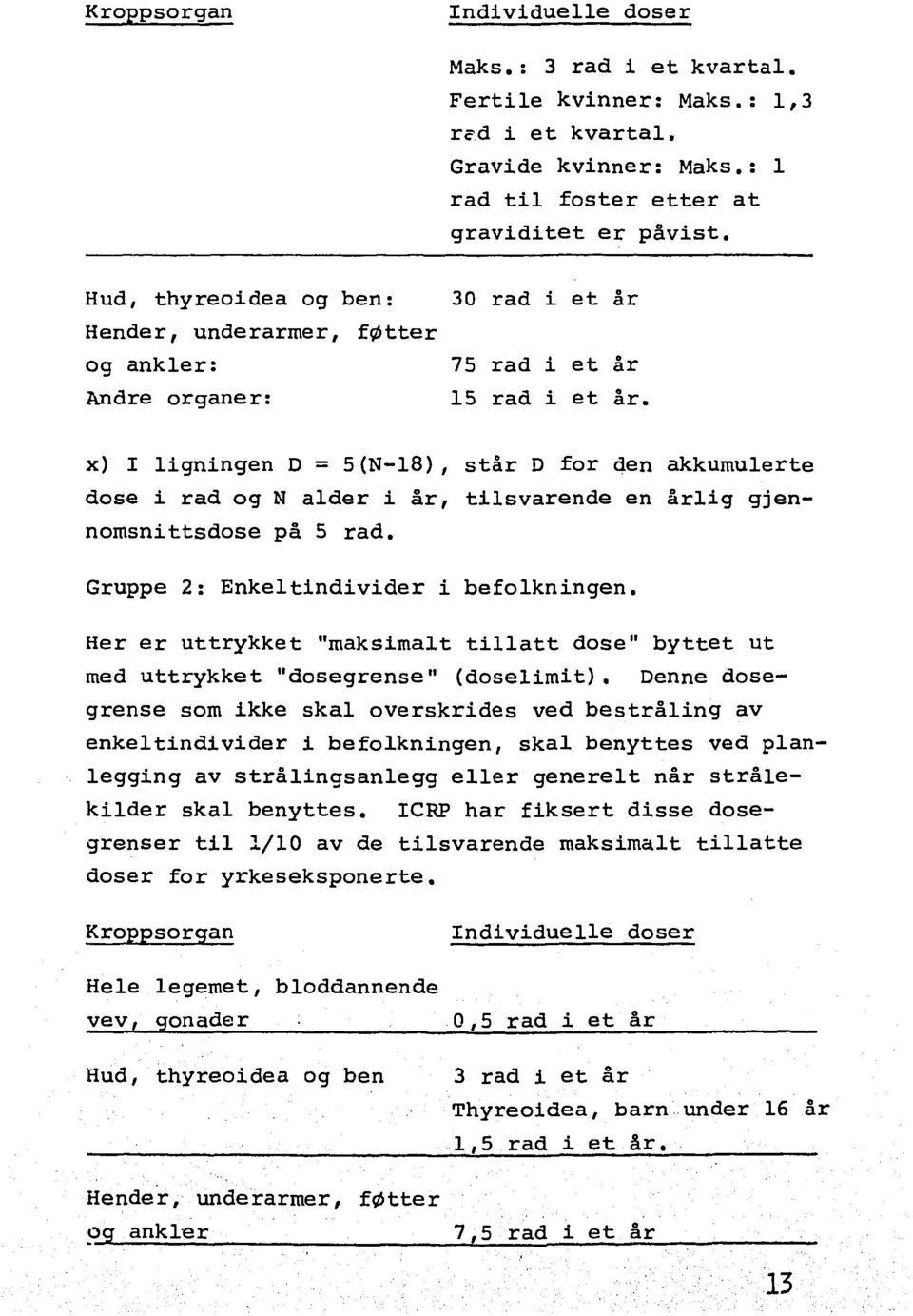 x) I ligningen D = 5(N-18), står D for den akkumulerte dose i rad og N alder i år, tilsvarende en årlig gjennomsnittsdose på 5 rad. Gruppe 2: Enkeltindivider i befolkningen.